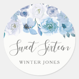 Blue White Flowers Sweet 16 Party Favour Seal