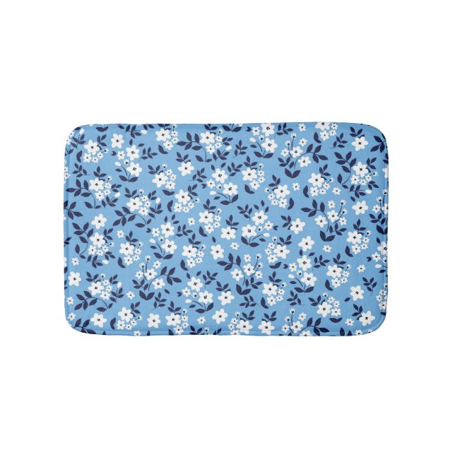 Blue, White Flowers: Vintage Bath Mat (Front)