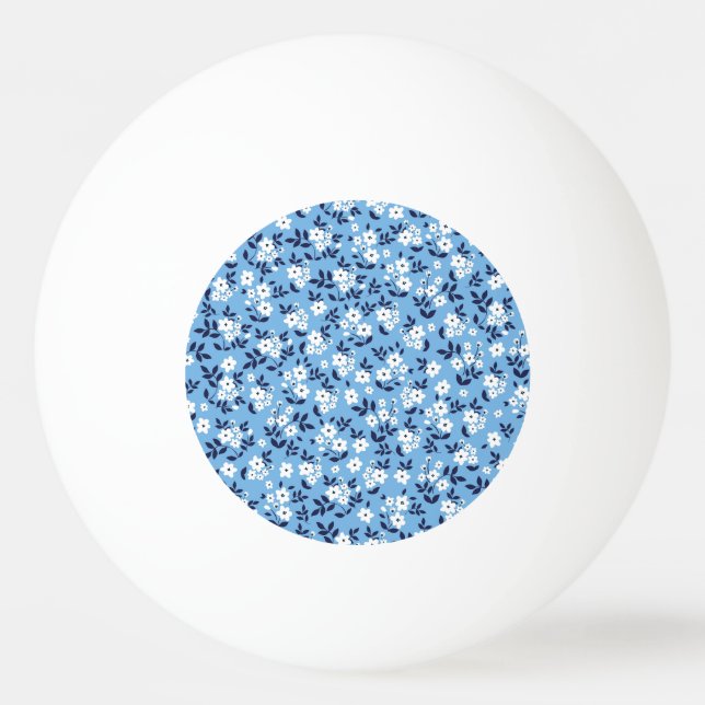 Blue, White Flowers: Vintage Ping Pong Ball (Front)