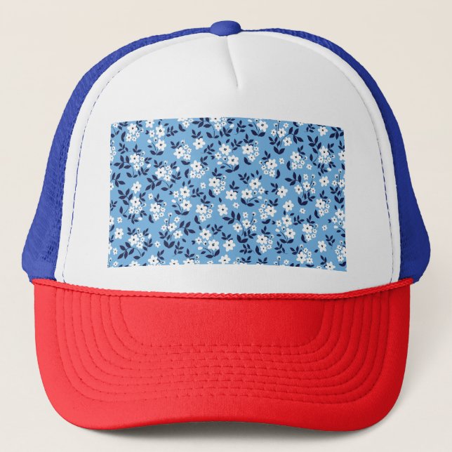 Blue, White Flowers: Vintage Trucker Hat (Front)