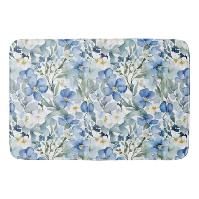 Blue White Flowers Watercolor Chic Bath Mat (Front)