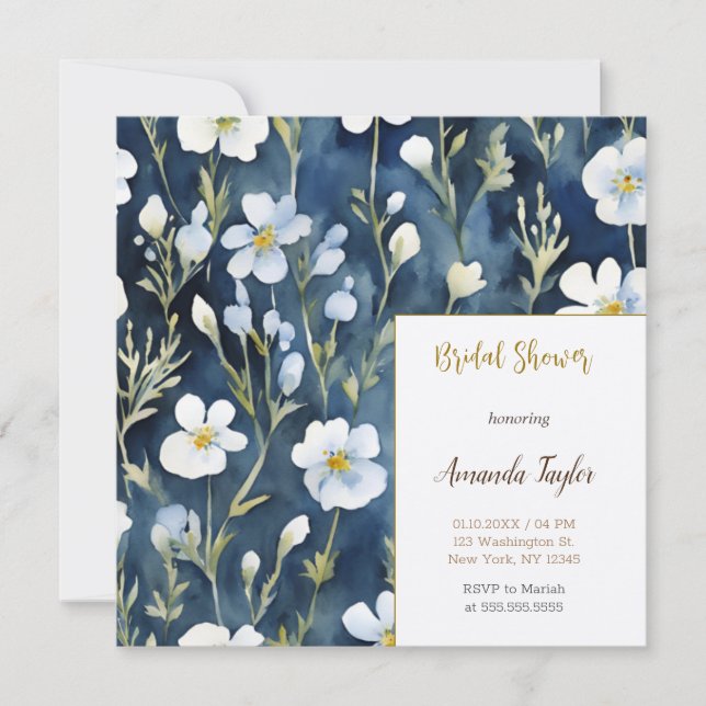 Blue White Flowers Watercolor Chic Bridal Shower Invitation (Front)