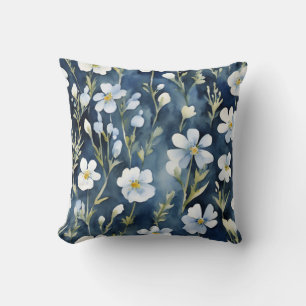 Blue White Flowers Watercolor Chic Cushion