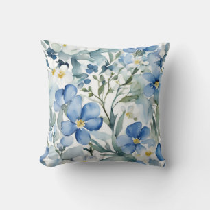 Blue White Flowers Watercolor Chic Cushion