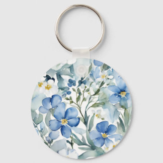 Blue White Flowers Watercolor Chic Key Ring