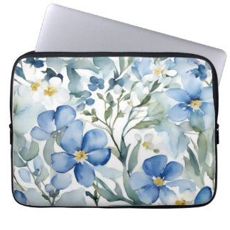 Blue White Flowers Watercolor Chic Laptop Sleeve