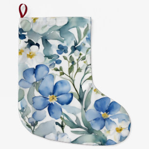 Blue White Flowers Watercolor Chic Large Christmas Stocking