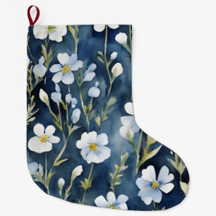 Blue White Flowers Watercolor Chic Large Christmas Stocking