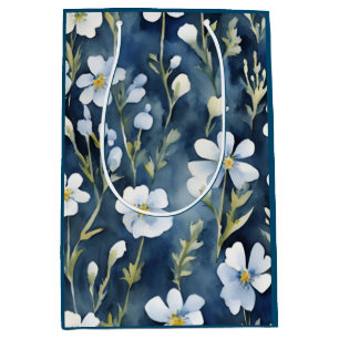 Blue White Flowers Watercolor Chic Medium Gift Bag