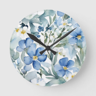 Blue White Flowers Watercolor Chic Round Clock