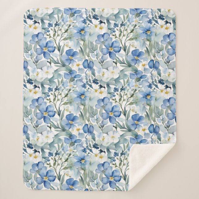 Blue White Flowers Watercolor Chic Sherpa Blanket (Front)