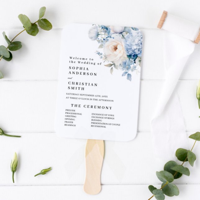 Blue & White Flowers Wedding Program Hand Fan (Creator Uploaded)