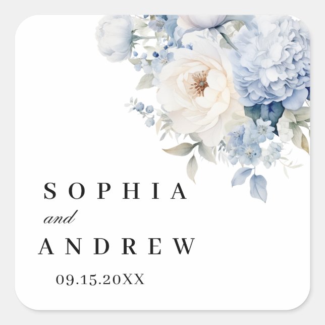 Blue & White Flowers Wedding Square Sticker (Front)