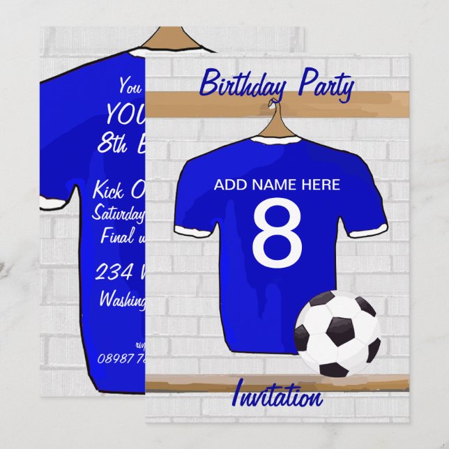 Blue White Football Soccer Jersey Birthday Party Invitation (Front/Back)