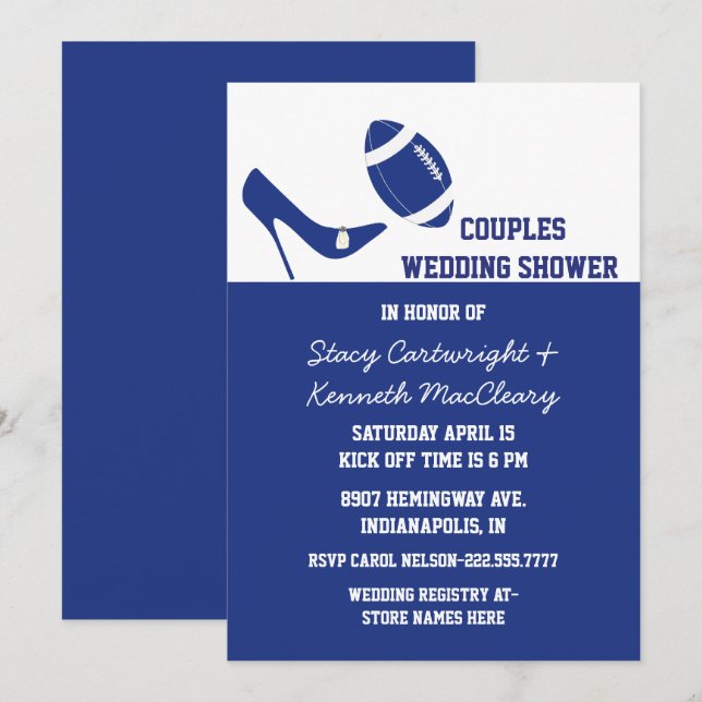 Blue & White Football Themed Wedding Shower Invitation (Front/Back)