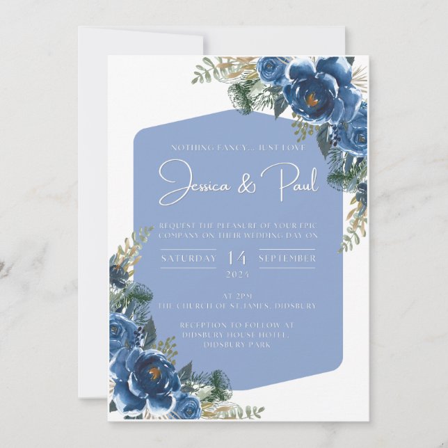 Blue & White Foral Wedding Invitation (Front)