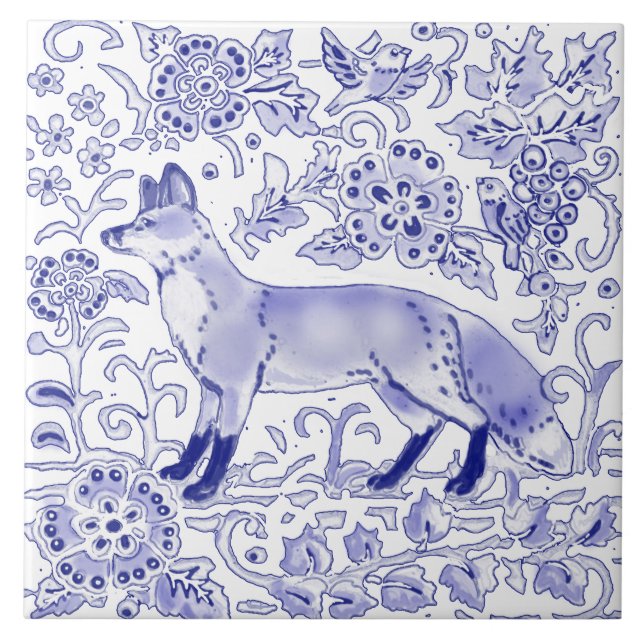 Blue White Fox Bird Woodland Farmhouse Rustic Art  Tile (Front)