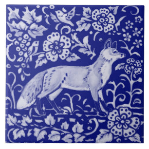 Blue White Fox Bird Woodland Farmhouse Rustic Art Tile