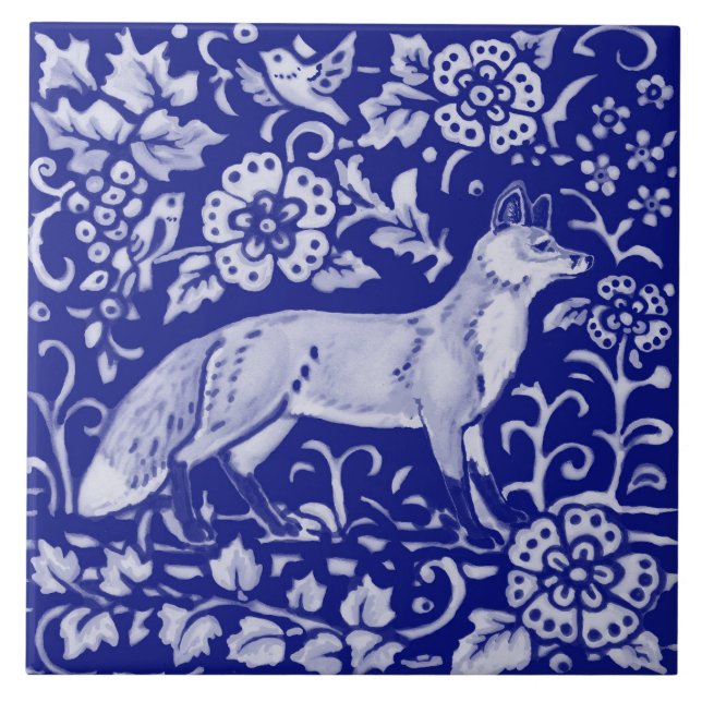 Blue White Fox Bird Woodland Farmhouse Rustic Art  Tile (Front)