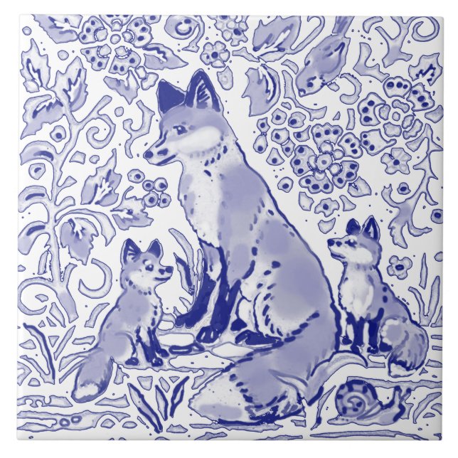 Blue White Fox Family Animal Art Farmhouse Country Tile (Front)