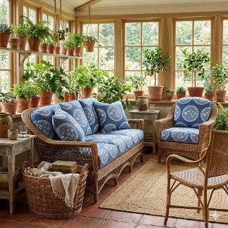 Blue White French Toile Circular Frame Whimsical Fabric