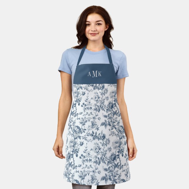 Blue White French Toile Monogram Apron (Worn)