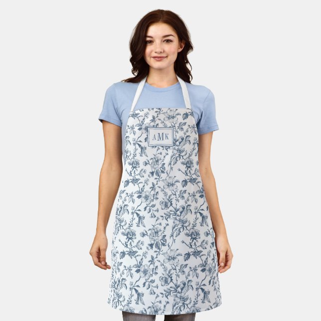 Blue White French Toile Monogram Apron (Worn)