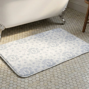 Blue White French Toile Monogram Name Pattern Bath Mat