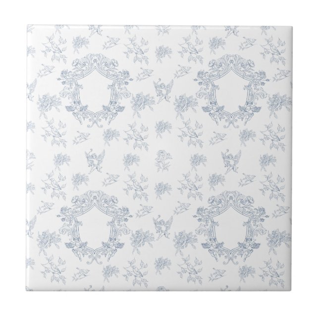 Blue White French Toile Pattern Tile (Front)