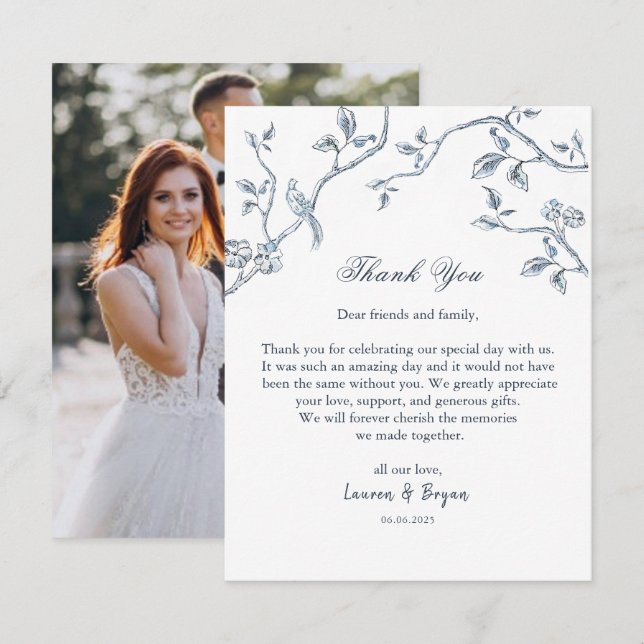 Blue & white French Toile Wedding flat Thank You Card (Front/Back)