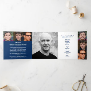 Blue white Funeral service mono custom photos Tri- Tri-Fold Programme