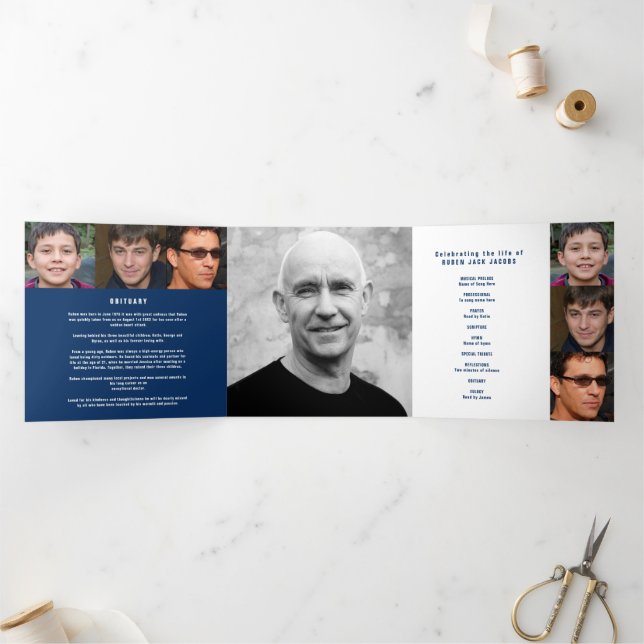 Blue white Funeral service mono custom photos Tri- Tri-Fold Programme (Inside)