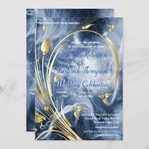Blue-white Galaxy with a Gold abstract flower Invitation