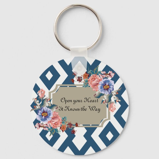 Blue/White Geometric Design Floral Key chain (Front)