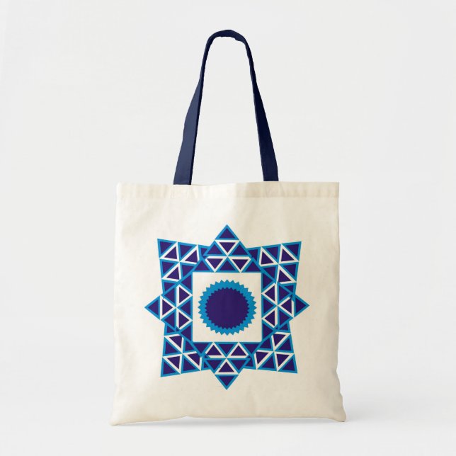 Blue White Geometric Triangle Star Mandala Tote Bag (Front)