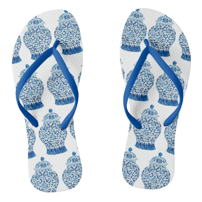 Blue White Ginger Jar Thongs Flip Flops (Footbed)