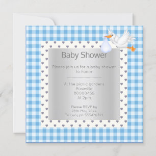 Blue White Gingham babyshower single stork Invitation