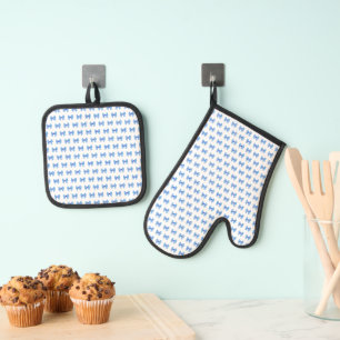 Blue-white gingham bow pattern oven mitt & pot holder set