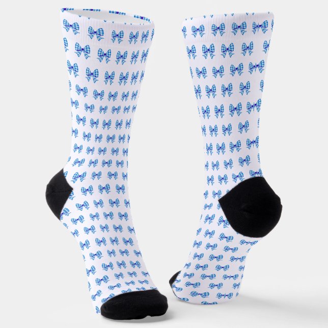 Blue-white gingham bow pattern socks (Angled)