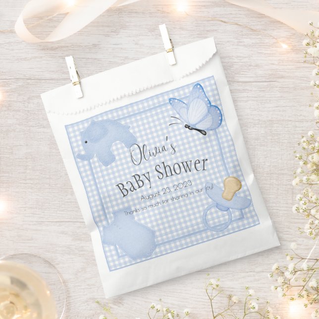Blue White Gingham Boy Baby Shower Favour Bags (Clipped)