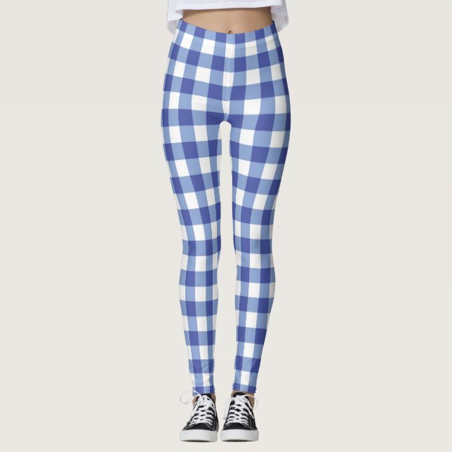 Blue & White Gingham Chequered Checks Plaid Leggings (Front)