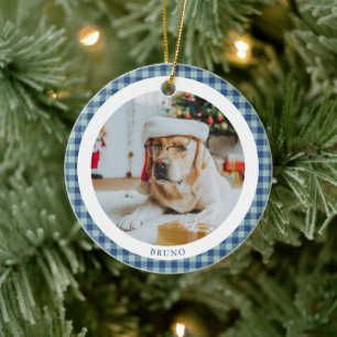 Blue White Gingham Dog Pet Photo Custom Name Ceramic Tree Decoration