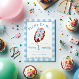 Blue & White Gingham Football 1st Birthday  Invitation