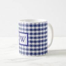 blue & white gingham, monogram, farmhouse mug
