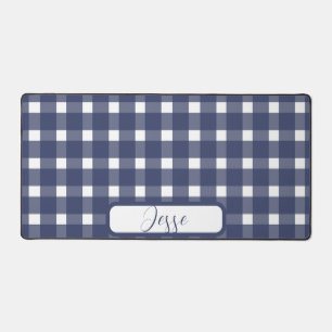 Blue White Gingham Pattern Desk Mat