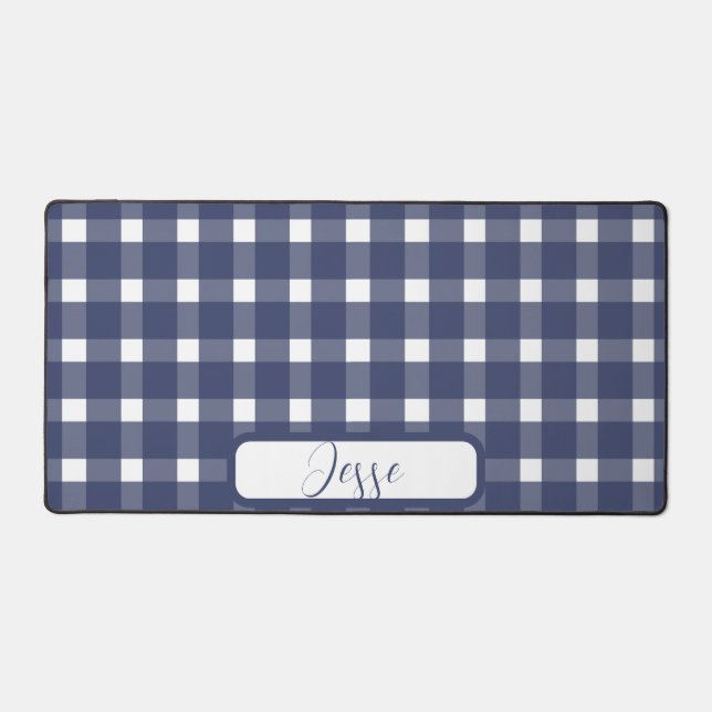 Blue White Gingham Pattern Desk Mat (Front)