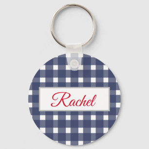 Blue White Gingham Personalised Key Ring