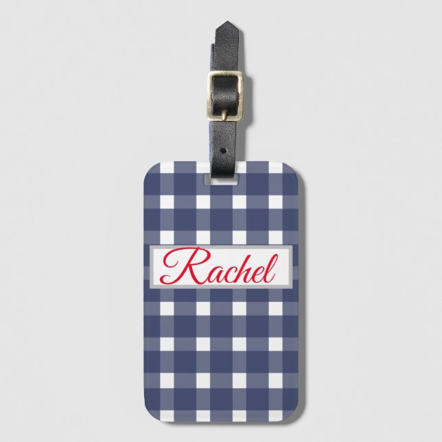 Blue White Gingham Personalised  Luggage Tag (Front Vertical)