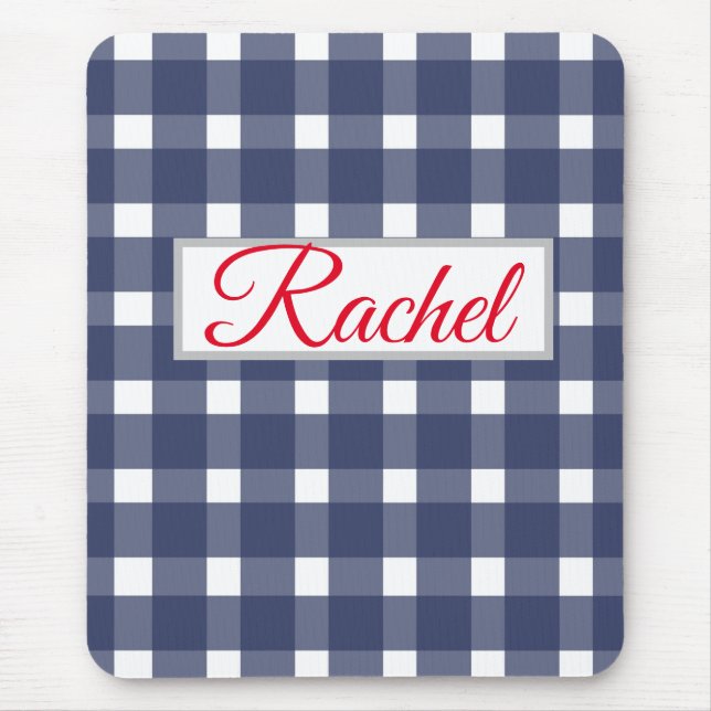 Blue White Gingham Personalised Mouse Mat (Front)