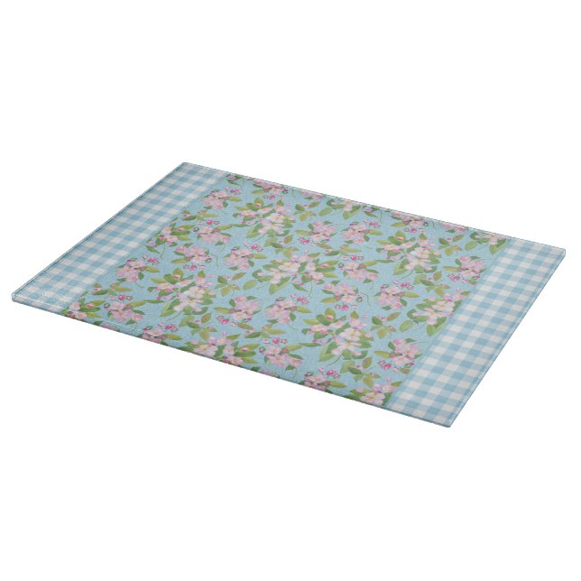 Blue White Gingham, Pink Apple Blossom on Blue Cutting Board (Corner)